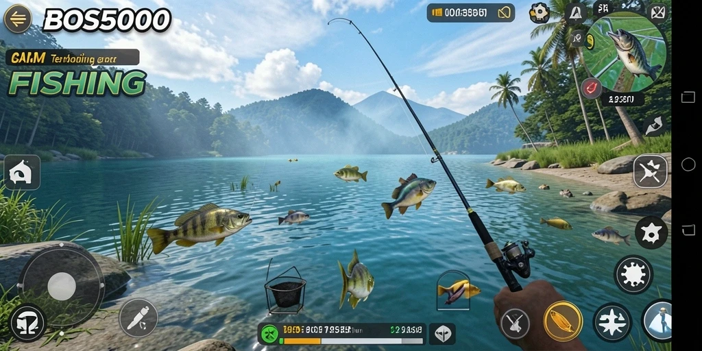 Tampilan gameplay BOS5000 yang menarik saat memancing ikan.