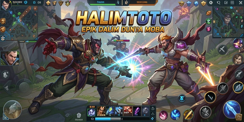 Tangkapan layar utama HALIMTOTO menampilkan aksi pertarungan MOBA yang mendebarkan.